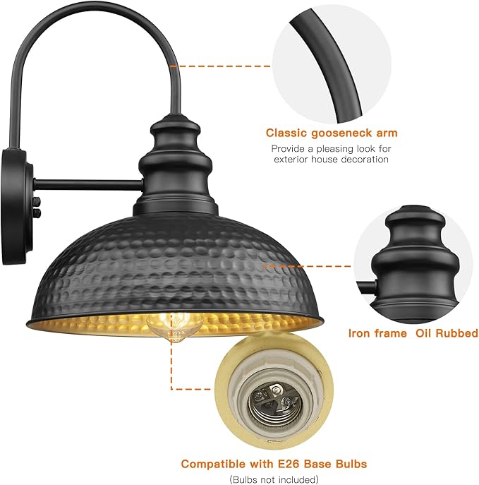 Farmhouse Outdoor Barn Light Fixtures, 12 Inch Dome Exterior Wall Lights, Rustic Outdoor Wall Sconces Outside Wall Mount Lantern with Bead Shape for Home, Porch, Garage, Doorway