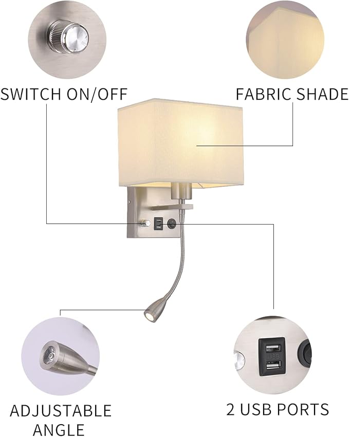 Wall Sconce Plug in Cord Set of 2, Bedside Wall Mount Lights with Dimmable Switch, LED Bedroom Wall Lighting Fixtures with Reading Lamp USB Ports Brushed Nickel