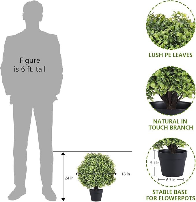 24" Faux Boxwood Plants Outdoor, Artificial Topiary Ball Trees Set of 2, UV Resistant Fake Potted Evergreen Realistic Greenery Bushes Shrubs for Outside Front Porch Planter Patio Indoor Decor 2ft Tall
