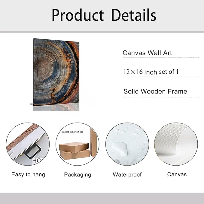 IBHJSART Framed Tree Ring Canvas Wall Art Vintage Colorful Wood Stump Painting Prints Modern Minimalist Pictures Neutral Nature Rustic Farmhouse Decor Living Room Bedroom Bathroom Office