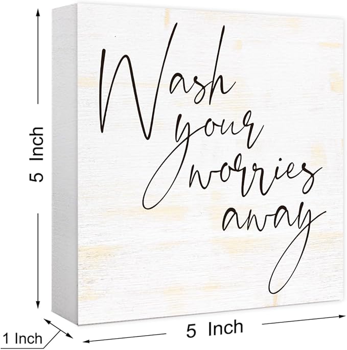 Funny Rustic Wood Sign - Wash Your Worries Away - Wood Block Sign for Shelf, Toilet, Restroom, Home, Tabletop, Desk Decor - Farmhouse Bathroom Wooden Box Sign
