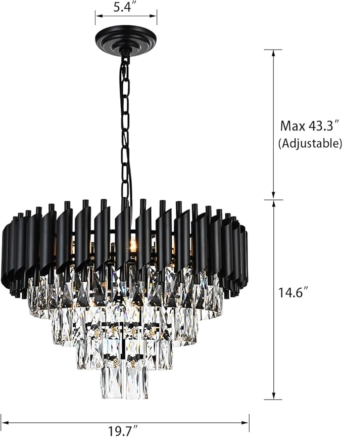 9-Light Modern Round Crystal Chandelier Lights, 4 Tiers Luxury Pendant Ceiling Light, 19.7" Crystal Chandeliers Lighting for Dining Living Room Kitchen Island Bedroom Foyer Hallway (Black)