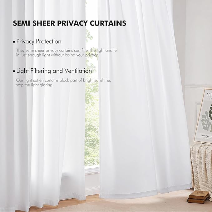 EMEMA White Privacy Sheer Curtains 84 Inches Long 2 Panels Set, Non-See-Through Light Filtering Privacy Semi Sheer Curtains for Bedroom Living Room, Window Drapes That Let Light in, 42x84 Inch