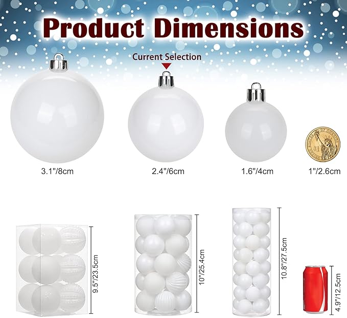 2.36" White Christmas Balls Ornaments 25 Pcs Shatterproof Christmas Ornaments Set Halloween Balls Ornaments White Ornament for Xmas Tree Holiday Party