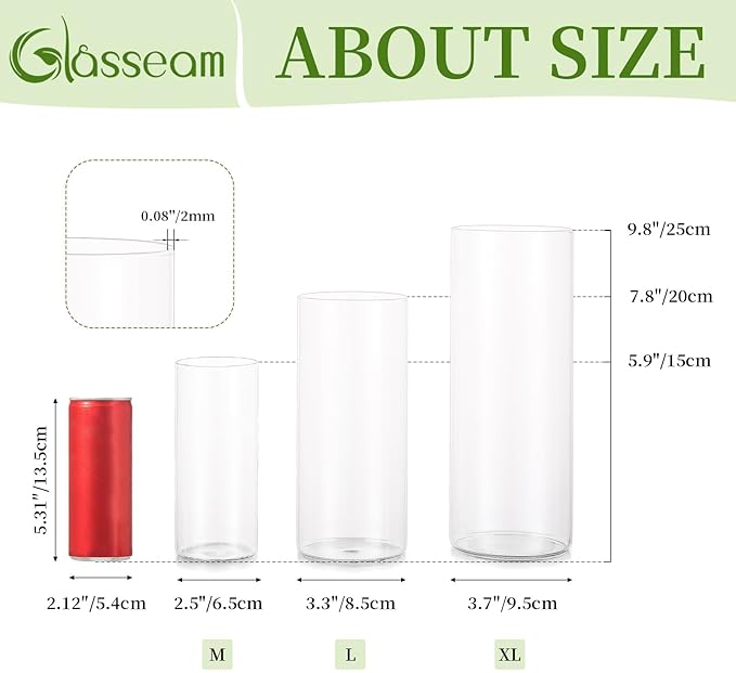 Glasseam Clear Cylinder Vases for Centerpieces, Glass Cylinder Vase Set of 30 for Flowers, Modern Hurricane Candle Holder for Pillar Candles, Floating Candle Vases for Wedding Table Decorations
