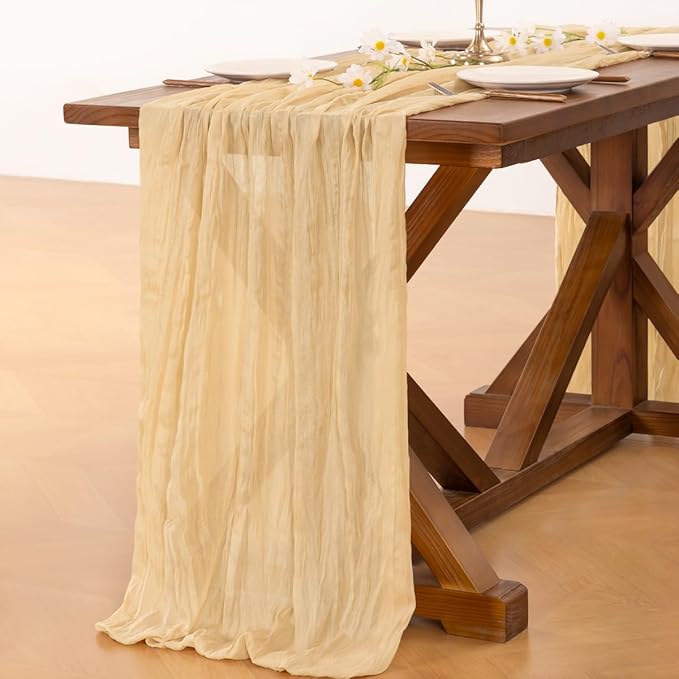 Socomi 6pcs Gold Champagne Cheesecloth Table Runner Valentine's Day Boho Rustic Gauze 120 inch 10FT Cheese Cloth Runner for Wedding Party Baby Shower Birthday Home Decor Holiday Decorations