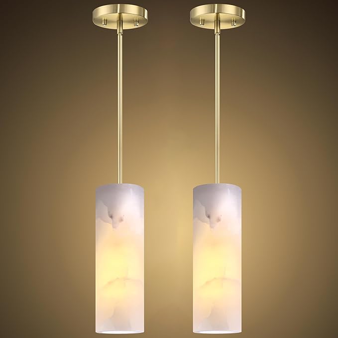 Natural Alabaster Cylinder Marble Hanging Kitchen Island Modern Industrial Farmhouse Pendant Ceiling Light Fixture,2 Pack Gold Finish Over Sink Restaurant bar Corridor