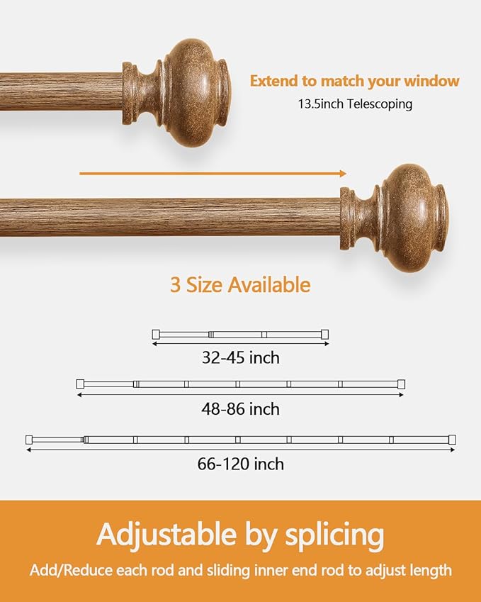 Wood Curtain Rods for Windows 32 to 45 Inch, 1 Inch Adjustable Curtain Rod Decoration Boho Drapery Rods Heavy Duty, Farmhouse Rustic with Imitation Wood Grain Finials