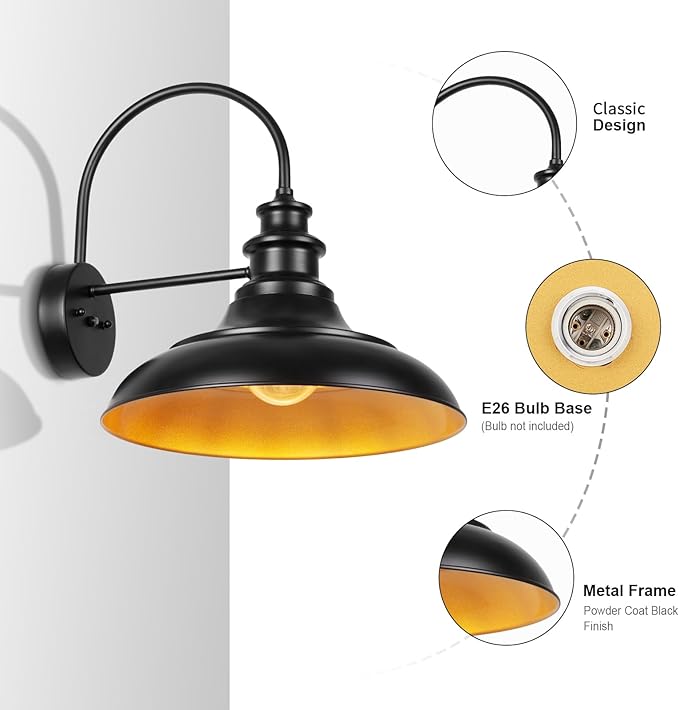 Dusk to Dawn Sensor Outdoor Barn Light Fixture, 16 Inch Dome Farmhouse Outdoor Wall Sconce, Exterior Wall Mount Light, Industrial Black Gold Wall Lantern for Porch, Garage, Shed,1 Pack