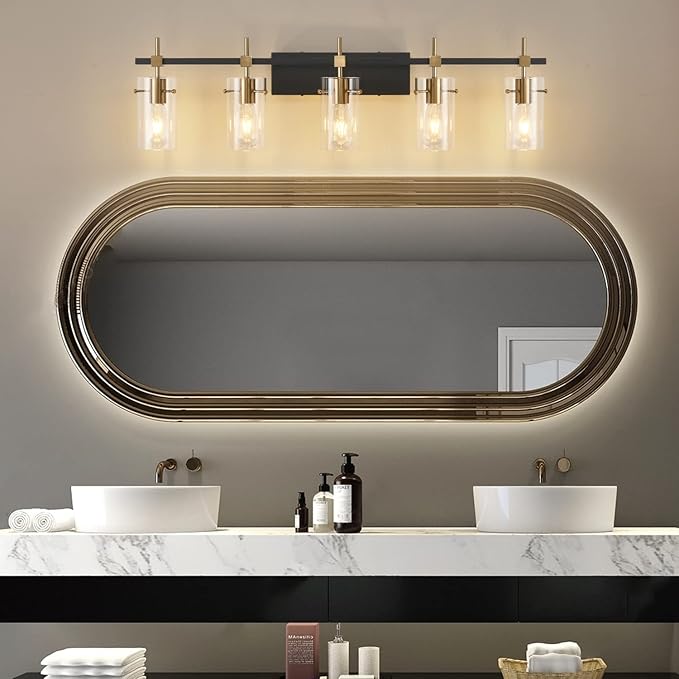 SOLFART 40.1 inch Vintage Brass Bathroom Vanity Light fixtures Bathroom Wall Lights Over Mirror with Glass Shade 5 Light