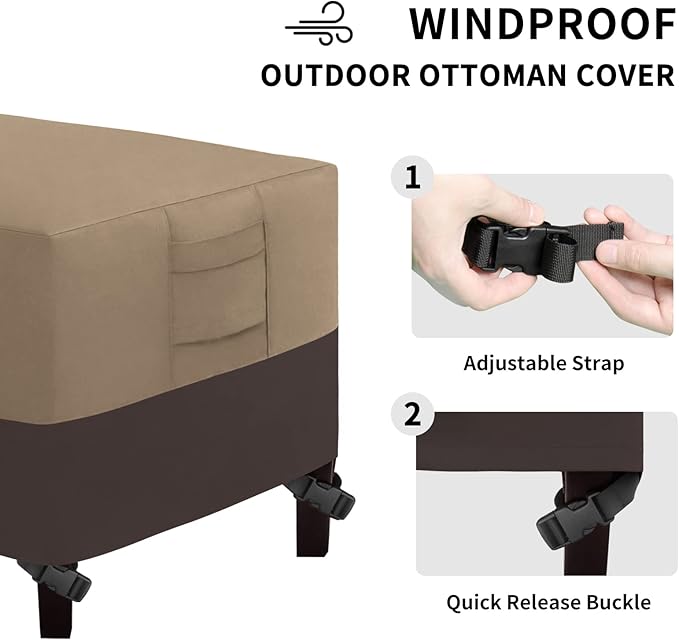 Easy-Going Outdoor Ottoman Cover, Waterproof Patio Ottoman Cover, Heavy Duty Outdoor Furniture Cover with Padded Handles (1 Pack-25"x25"x17", Camel/Dark Brown)