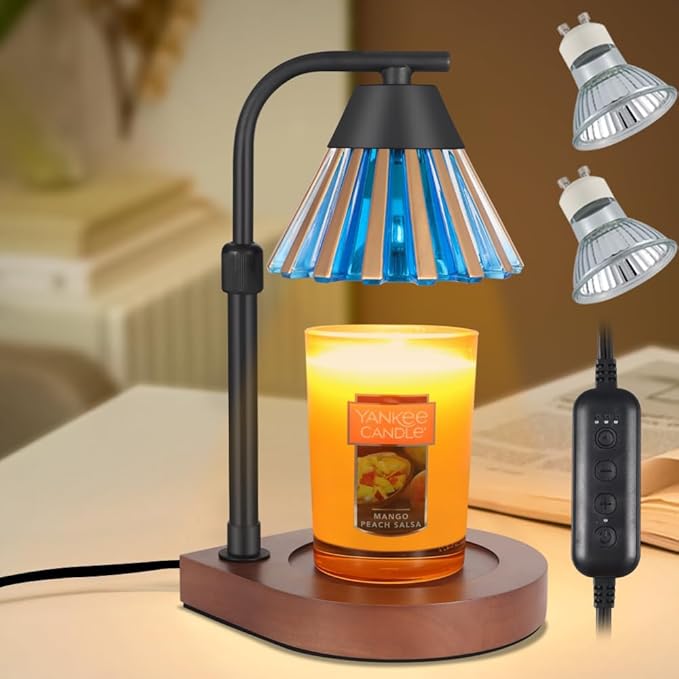 Dimmer Candle Warmer Lamp with Timer, Adjustable Height Farmhouse Electric Wax Melt for Jar Candles, Home Decor Thanksgiving Christmas Day Gifts for Grandma Mom Women (Gold Blue)