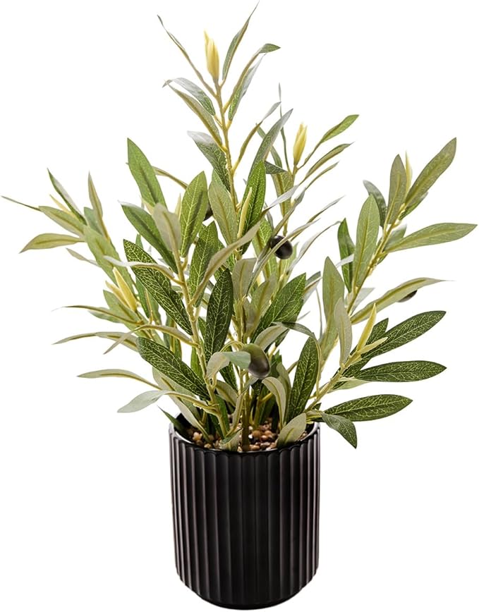 14 inch Artificial Olive Plant Indoor Fake Plants with Ceramic Black Pot Faux Silk Plant with Realistic Trunk Perfect for Home Office Table Decoration