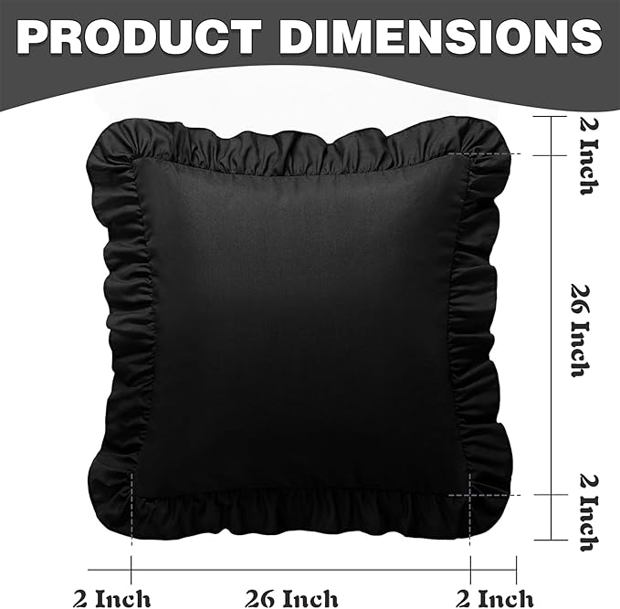 KKJIAF Ruffle Pillow Cases 26x26 Inches, Black Square Ruffled Pillow Covers Set of 2, Microfiber Wrinkle Resistant Pillow Shams with Envelope Closure for Sofa Bed Living Room