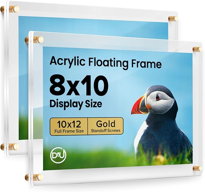 Acrylic Floating Frames Gold Standoffs(2-pack) 8" x 10" Clear Acrylic Frames for Wall Mount Floating Picture Frame, Diploma Poster Certificate Hanging Photo Display Degree Prints Artwork Documents