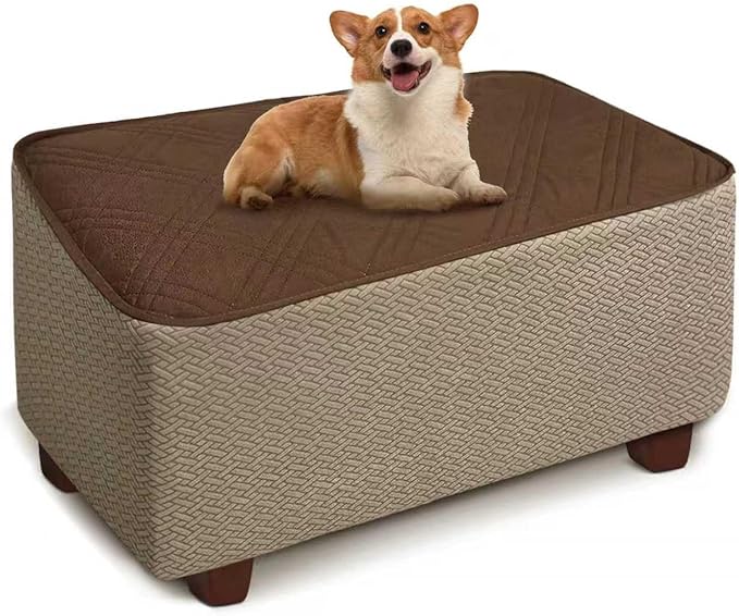 MEHIDFY Ottoman Cover, Waterproof Square Stool Slipcover, Quilted Stretch Furniture Protector, 28-32 Inches, Machine Washable (Brown, Large)