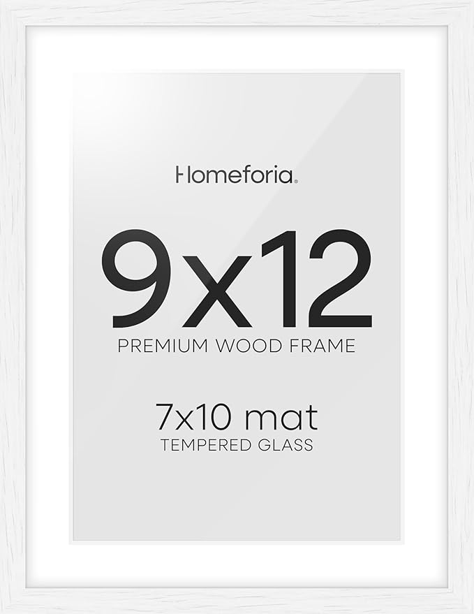 Homeforia 9x12 Frame White Wood, High End Oak 9 x 12 Picture Frames with Mat 7 by 10 Photo, 9by12 White Wooden Frame Matted to 7x10 Print, Wall or Tabletop Frames, Tempered Glass, Wall Kit, Set of 1