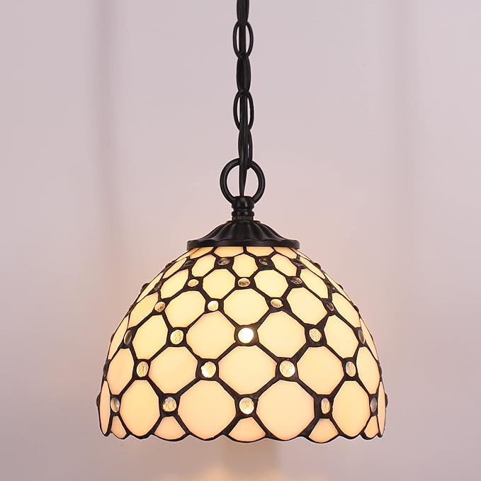 Small Tiffany Pendant Light Stained Glass Plug in Hanging Lamp 8 Inch Adjustable Height Hanging Chandelier Pendant Fixture for Home Kitchen Island Dining Room (Cream Pearl Bead Style)