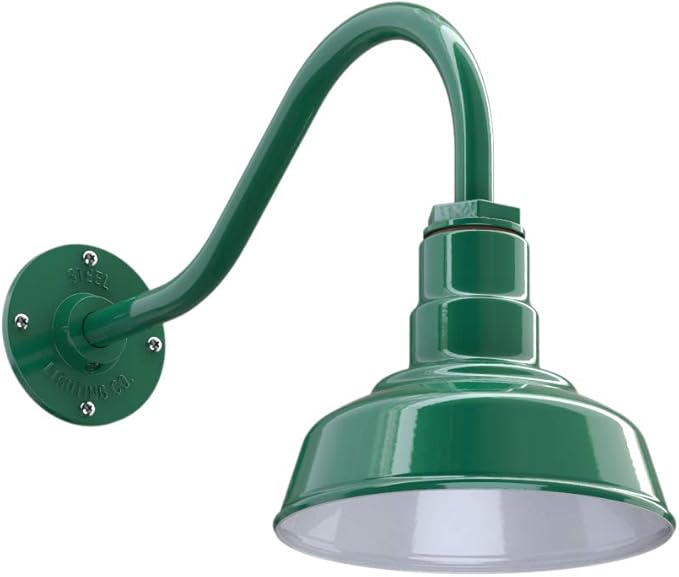 Steel Lighting Co. Hawthorne Barn Light | Outdoor Wall Mounted | 8 inch Dome | 16 inch Gooseneck| Small Farmhouse Light Made in America | Green Exterior/White Interior