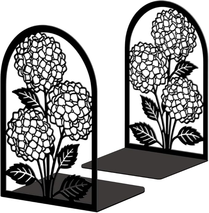 Peacoblue Metal Bookends for Shelves, Modern Decorative Heavy Duty Study Book Ends Stoppers for Office, Desk, Shelf, Room 5.3"x4.3"x7.9" Cast Iron Simple Tall Bookends 1 Pair (Hydrangea)