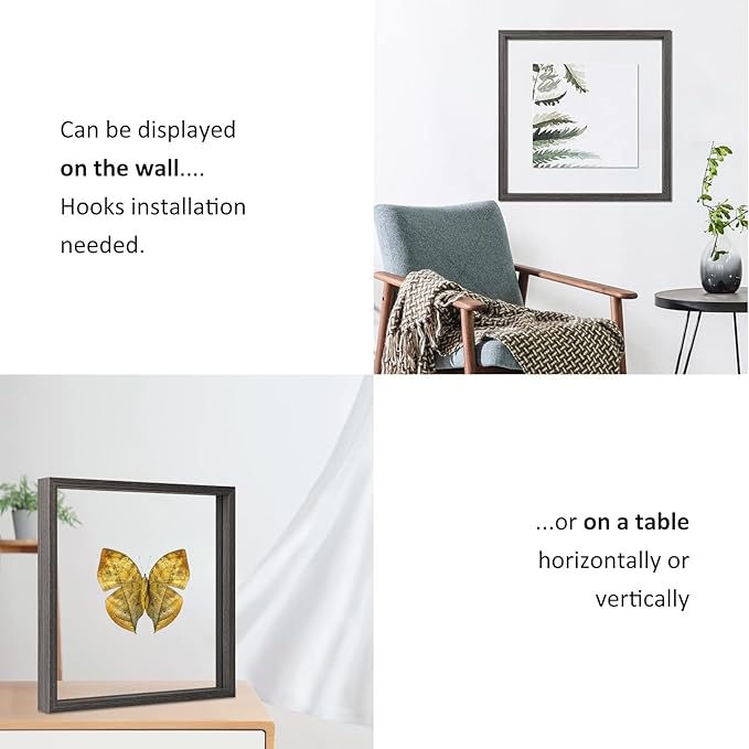 MUYE Square 12x12 Floating Frame in Gray,Double Glass Picture Frame for Wall Mount or Tabletop Standing with Hanging Hardware Included,Display Photo up to 12x12,2 Pack