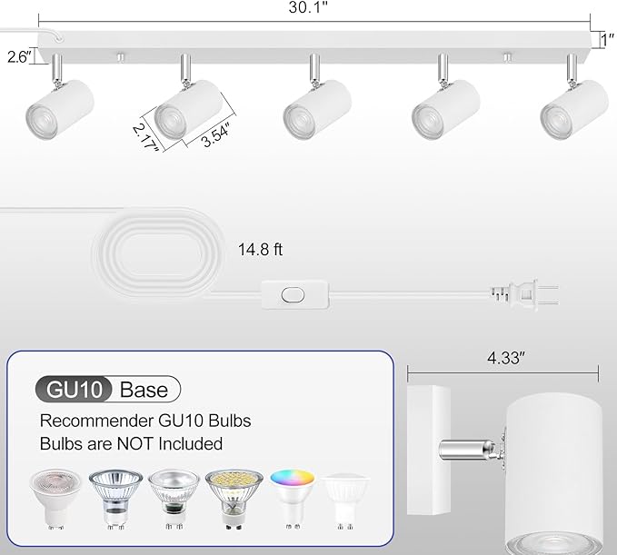 Plug in Track Lighting, LED Track Light Kit, White 5-Light Large Track Lights for Kitchen, 15 FT Cord,5 Way Ceiling Spotlight, Rotatable Wall Mount Light Head for Bedroom Hallway Living Room