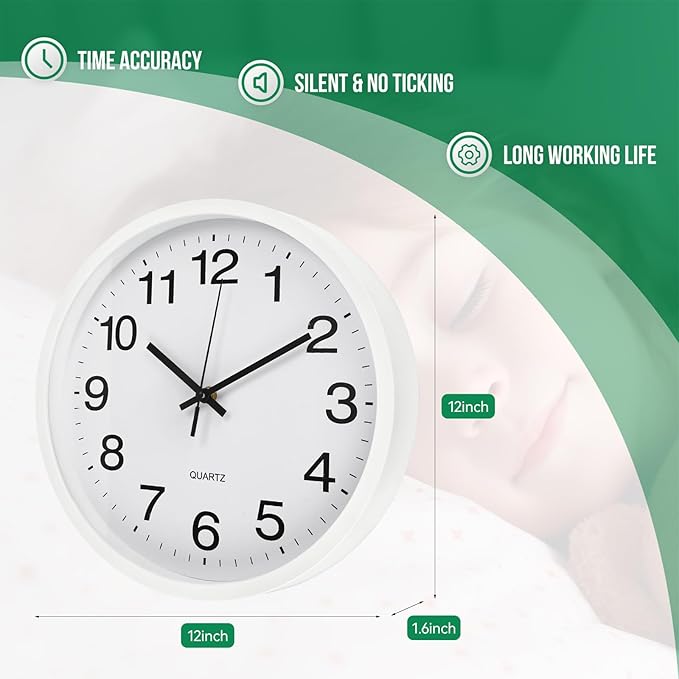 Wall Clock Modern Simple Style Round Plastic Decor Clock Non-Ticking Silent Quartz Movement Wall Clocks for Home/Office/School/Living Room/Bedroom/Kitchen (White, 12 Inch)
