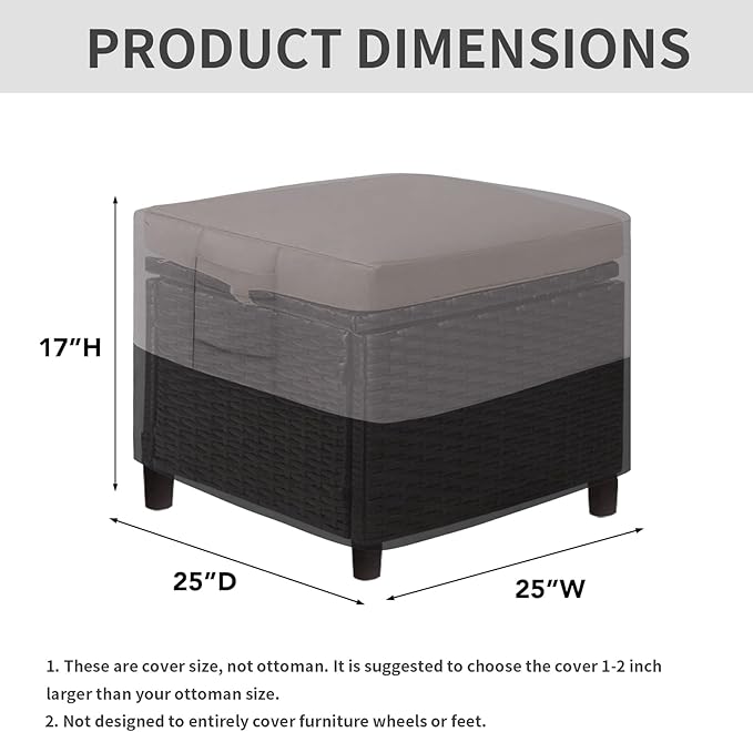 Easy-Going Outdoor Ottoman Cover, Waterproof Patio Ottoman Cover, Heavy Duty Outdoor Furniture Cover with Padded Handles (1 Pack-25"x25"x17", Gray/Black)