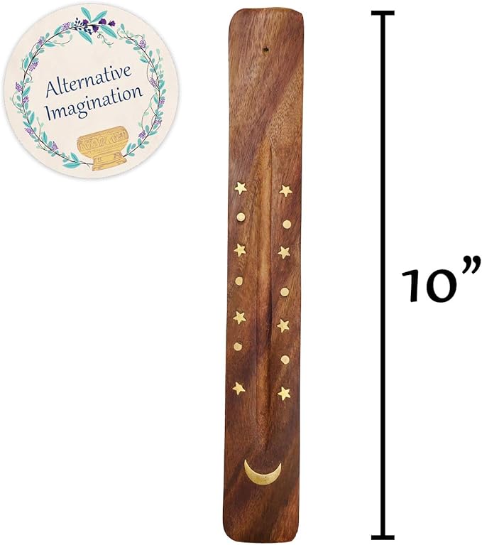 Moon and Stars Incense Holder - Wooden Ash Catcher with Celestial Design for Single Incense Sticks - Meditation Accessories, Spiritual Decor, Home Fragrance, Room Decor (10 Inches Long)