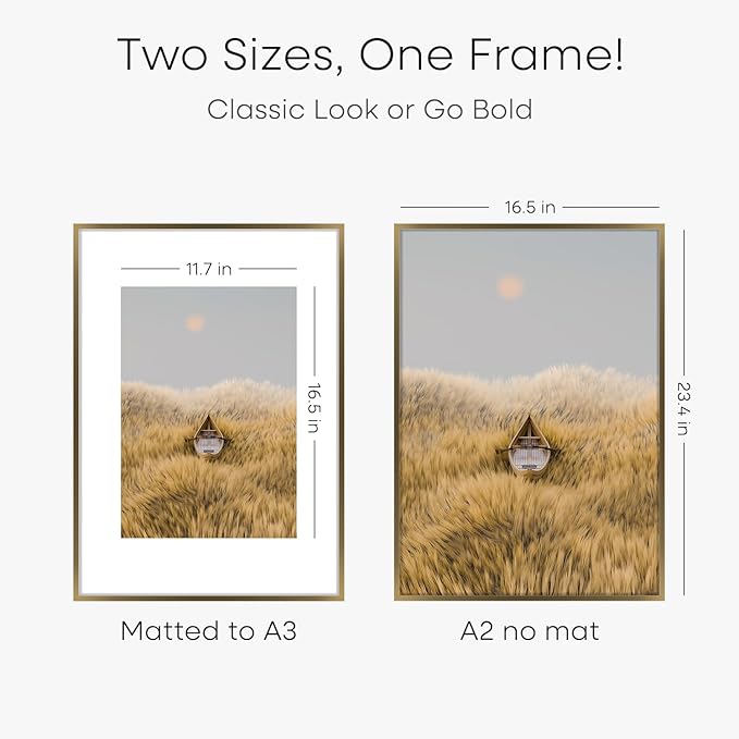 Homeoforia A2 Picture Frame Bronze, High End Metal 16.5 x 23.4 inch Poster Frames with Mat 11.7 by 16.5 Photo, A2 Size Brass Frame Matted to A3 Print, 16.5x23.4 Hanging Frame, Tempered Glass, Set of 2