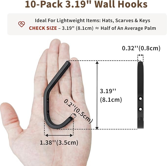 Wall Hooks for Hanging Coats - 10 Pack Black 3.2'' Double Hook Design, Hat Organizers, Wall Mount Hangers for Bags and Keys, Perfect for Garage, Workshop, Entryway, Closet, and DIY Projects