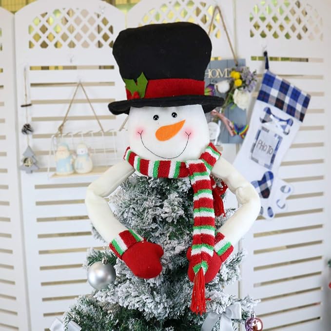 Christmas Tree Topper Snowman Top Hugger for Xmas Tree Holiday Decor Winter Wonderland Decoration New Year Ornament with Hat Shawl and Poseable Arms
