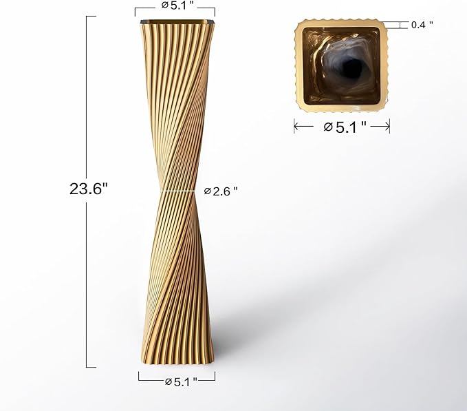 23.6" (60cm) Tall Gold Floor Vase for Pampas Grass, Floor Vases for Modern Geometry Decor - Minimalist Skinny Unique Shape Flower Vase for Farmhouse Entryway, Fireplace,Shelf