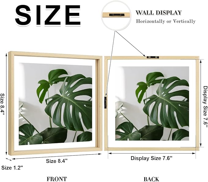 Egofine 8x8 Floating Frames Set of 2, Double Plexiglass Picture Frame, Made of Solid Wood Display Any Size Photo up to 8x8, Wall Mount or Tabletop Standing, Natural Wood