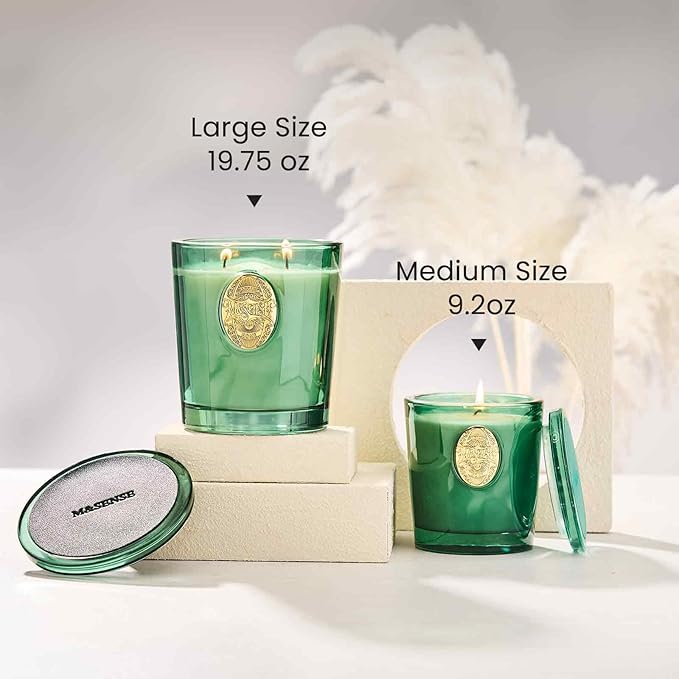 M&SENSE Large Two-Wick Soy Candle | Evergreen Pine & Emerald Green | 19.8 oz, 120H Burn Time | Luxury Scented Candle for Relaxation, Gifting, Home Décor | Ideal for Bedroom, Office, Party Ambiance