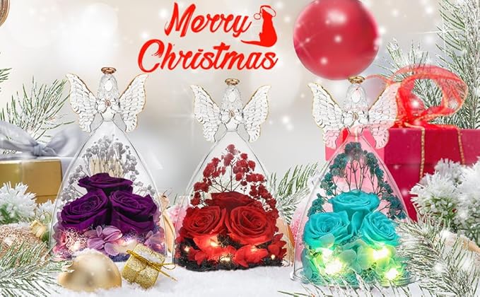 Christmas Rose Gifts for Women Preserved Real Flower in Glass Angel Figurines Roses for Delivery Prime Birthday Gifts for Mom Grandma Girlfriend Wife Her - Red