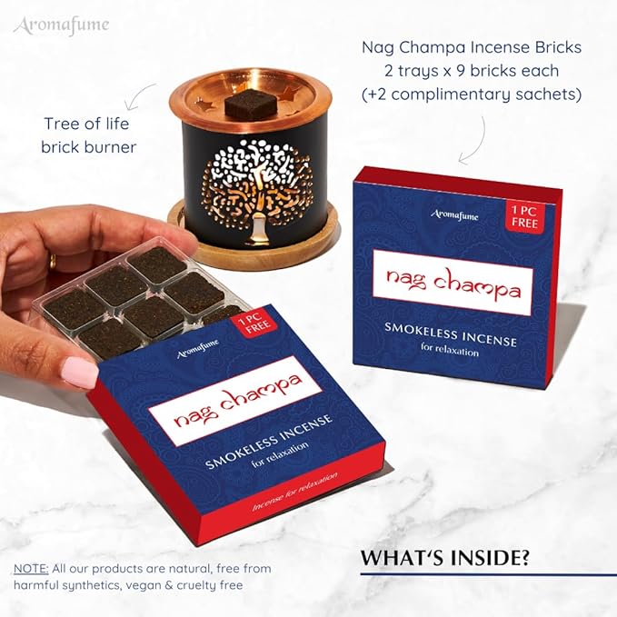 Nag Champa Incense Bricks (2 x 9 Bricks) & Tree of Life Exotic Incense Burner by Aromafume | Made with Sandalwood, Jasmine, Ylang Ylang & Champa Flower | Natural, Smokeless, Non Toxic Bricks