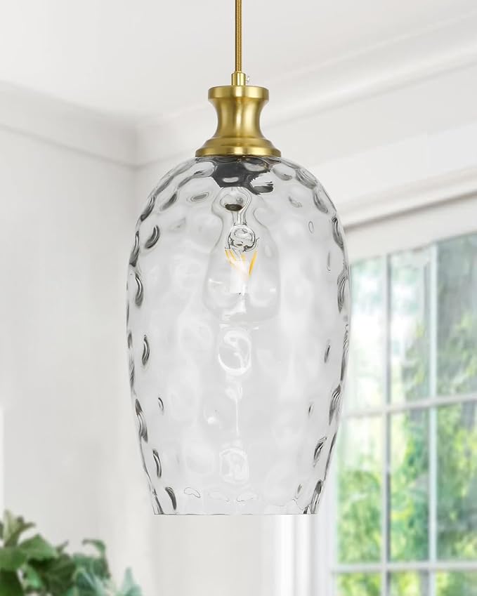 Glass Pendant Lights Kitchen Island, Large Size 7.1in Gold Pendant Light Fixtures with Hammered Clear Glass for Kitchen Over Sink Dining Room Bedroom, E26