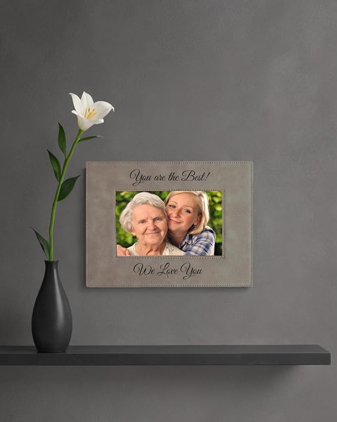 Personalized Add Your Custom Text Engraved Leatherette Faux Leather Hanging/Tabletop Personalized Group Family Photo Picture Frame (Gray, 8x10-inch Horizontal)