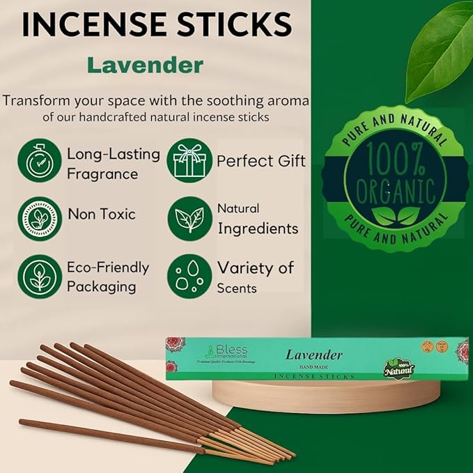Bless-Lavender 100%-Natural-Handmade-Hand-Dipped-Incense-Sticks Organic-Chemicals-Charcoal-Free Purification-Relaxation-Positivity-Yoga-Meditation Best-Woods-Scent (500 Sticks (26 OZ))
