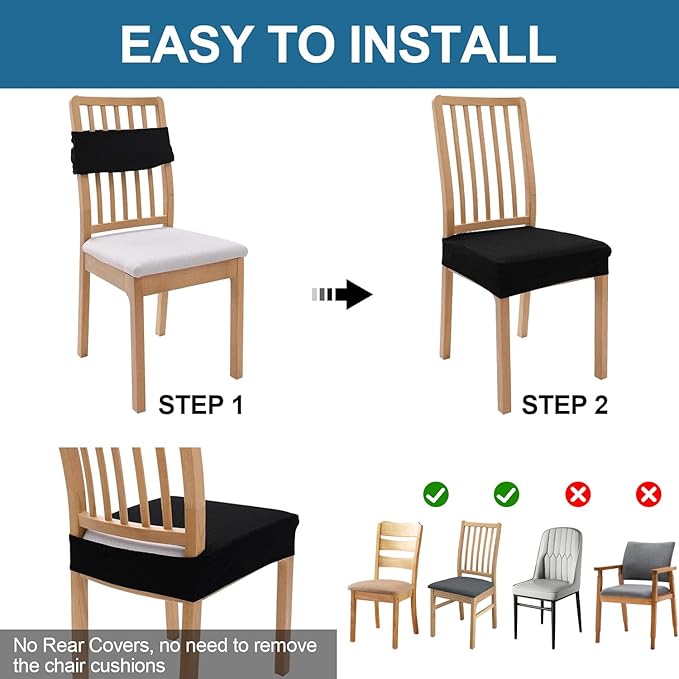 Smiry Waterproof Seat Covers for Dining Room Chairs Set of 4, Stretch Jacquard Removable Washable Chair Seat Slipcovers Protector, No Rear Covers, Black