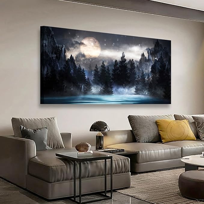 Mountain Moon Pictures Canvas Wall Art for Living room Office Bedroom Wall Decor,Moon Wall Art Print Paintings Modern Forest Nature Blue Lake Artwork Waterproof Ready to Hang-24X48 inch