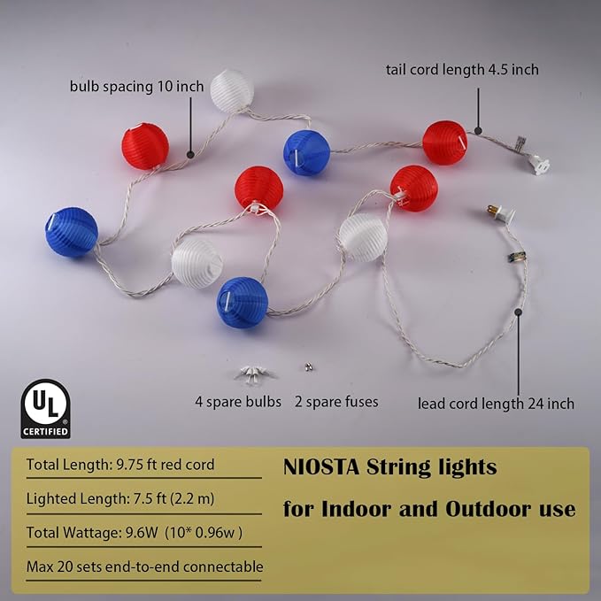 Lantern String Lights,Plug in & Connectable Decorative Lights,for Indoor & Outdoor Ambience Decoration,4th of July Lantern