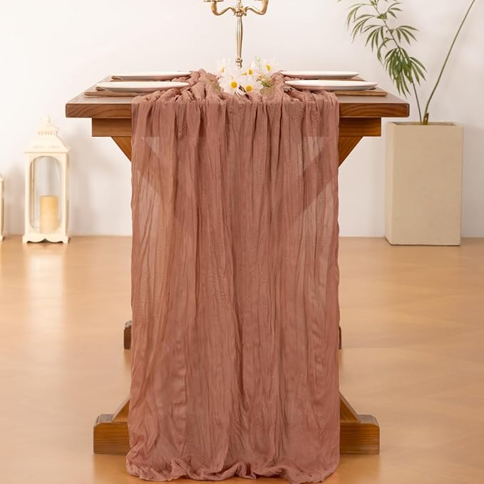 Socomi Dusty Rose Valentine's Day Cheesecloth Table Runner Boho Rustic Gauze 120 inch 10FT Cheese Cloth Runner for Wedding Party Baby Shower Birthday Home Decor Holiday Decorations