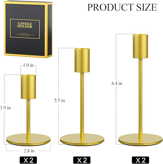FSyueyun Gold Candle Holder Taper Candle Holders, Set of 6 Candle Stick Holders Decor for Mantel Table Centerpiece, Used for Wedding, Dinning, Housewarming Gift