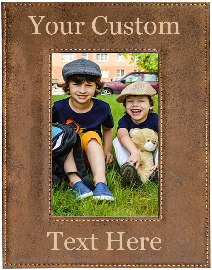 Personalized Add Your Custom Text Engraved Leatherette Faux Leather Hanging/Tabletop Personalized Group Family Photo Picture Frame (Rustic, 5x7-inch Vertical)