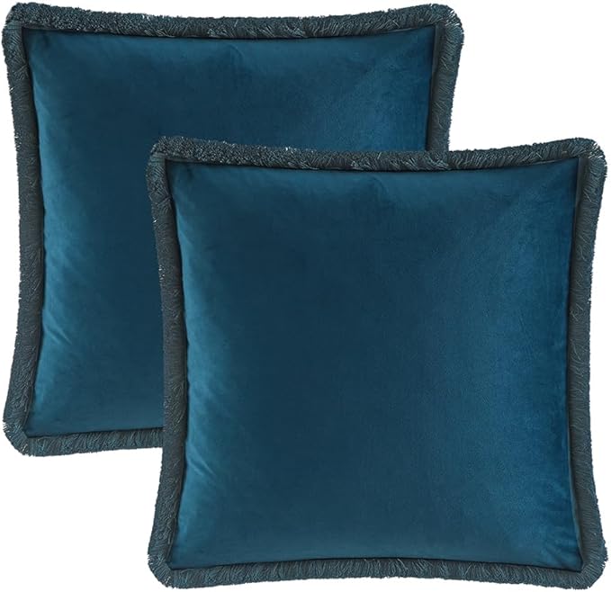 JUSPURBET Prussian Velvet Throw Pillow Covers 22x22 Inch Set of 2 with Soft Tassel Fringe Luxury Boho Pillowcase for Sofa Couch Bed Home Decor Machine Washable
