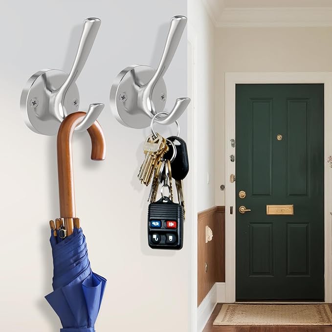 Brushed Nickel Wall Hooks Towel Hooks, 2 Pack Coat Robe Hook Heavy Duty Bathroom Double Hook Wall Mounted, Hand Towel Hooks for Closet Entryway Cubicle Kitchen