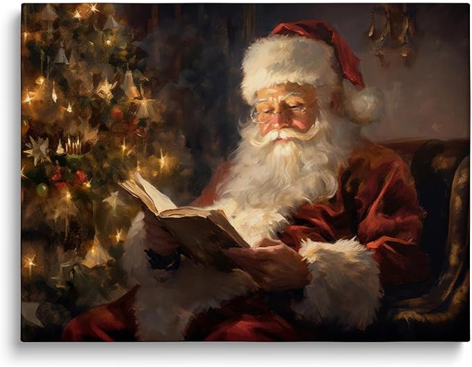 Victorian Christmas Canvas Wall Art,Vintage Painting of Santa Claus Reading a Book Under Christmas Tree, Winter Holiday Print, Holiday Season,Christmas Library Reading Room Decor24x36inch Unframed