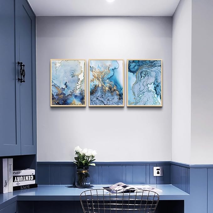 hyidecorart Natural Wood Framed Wall Art For Living Room Large Wall Decor For Office Hotel Bedroom Decoration Minimalist blue Abstract Paintings Watercolor Wall Pictures Artwork Home Decor 3 Piece